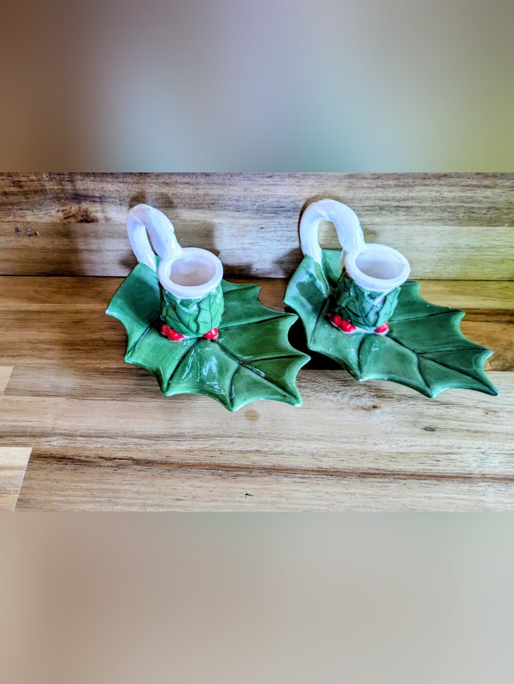 Pair of vintage candlestick holders Christmas holly